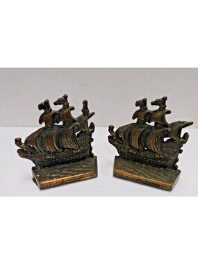 Vtg Spanish Gallion Ship Bookends Bronze Cast Iron 1930's-50's JC442